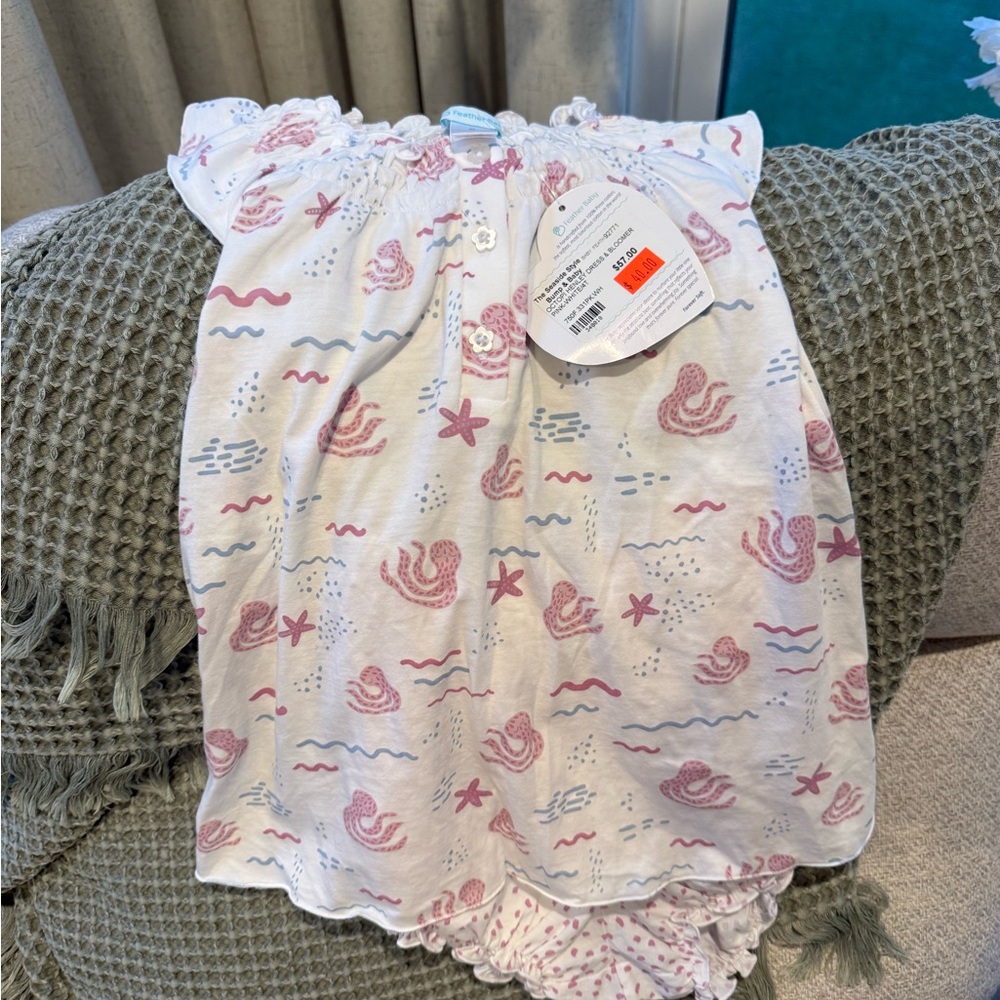 White Baby dress with bloomers with Pink and Blue Patterns